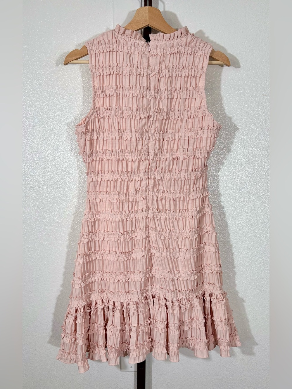 Mable Soft Pink Ruched Ruffle Mini Dress Sleeveless S - Picture 2 of 7